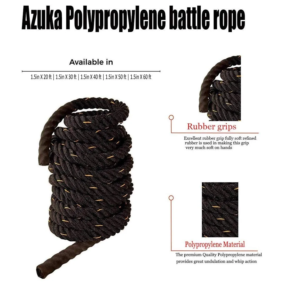 AZUKA® Ultimate Fitness Strength Training Battle Rope1.5inch 50ft Weight-11kg (Black Yellow)   Free Surprise Poster Inside