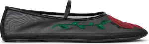 Black Mesh Ballet Flats for Women Embroidered Flowers Fashion Mary Jane Shoes Comfortable and Elegant Footwear Size 7.5