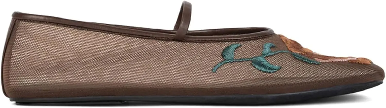 Brown Mesh Ballet Flats for Women Embroidered Flowers Fashion Mary Jane Shoes Comfortable and Elegant Footwear Size 7.5