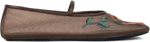 Brown Mesh Ballet Flats for Women Embroidered Flowers Fashion Mary Jane Shoes Comfortable and Elegant Footwear Size 7.5