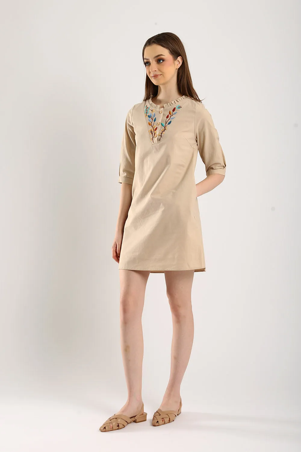 Emery Embroidered Cotton Shift Dress in Light Khakis