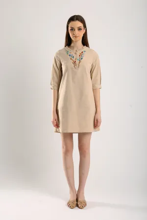Emery Embroidered Cotton Shift Dress in Light Khakis