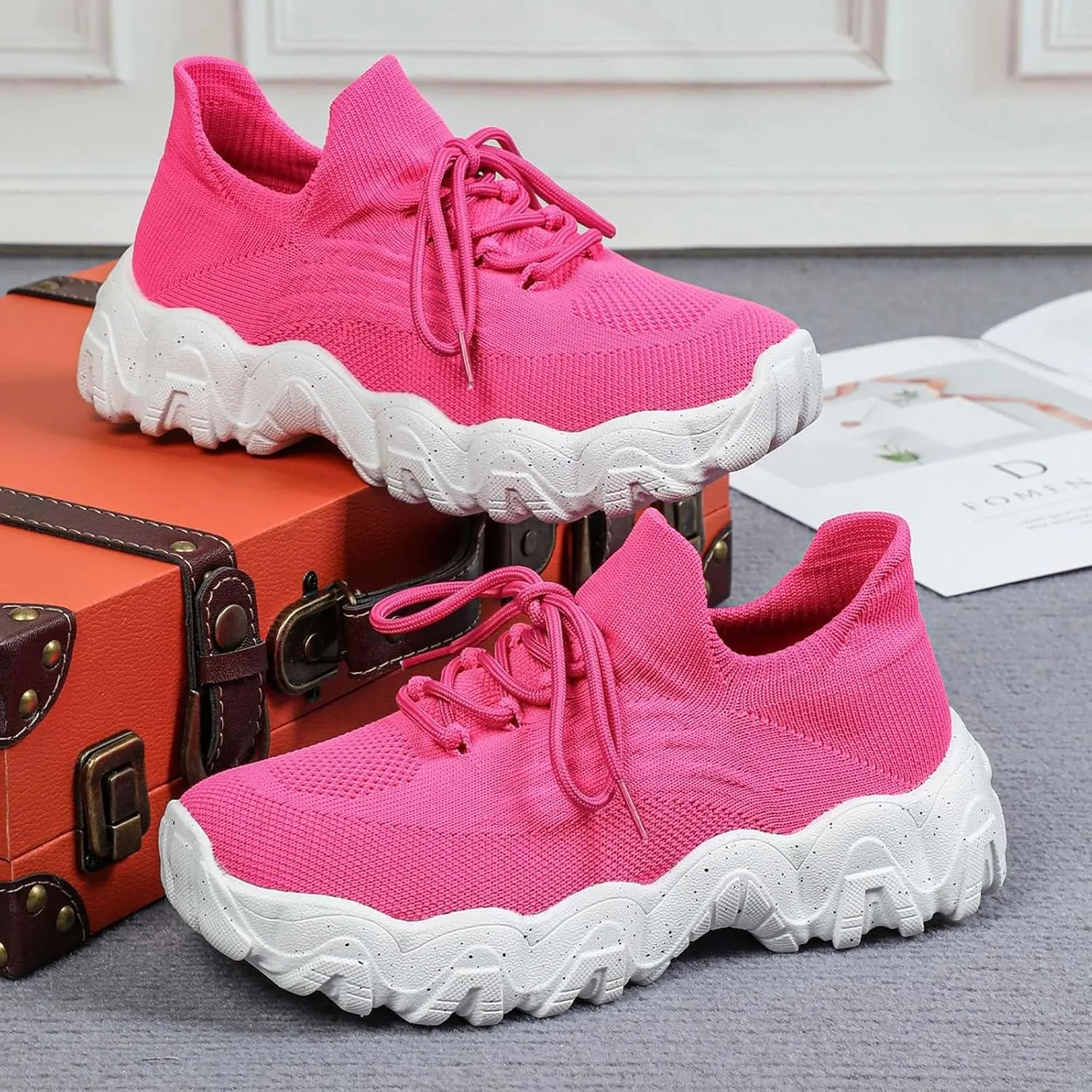 Orthopedic Sneakers for Women with Arch Support Slip On Shoes for Women Breathable Mesh Knit Tennis Shoes Lace Up Sock Comfortable Walking Shoes Women Outdoor Lightweight Hiking Shoes ﻿