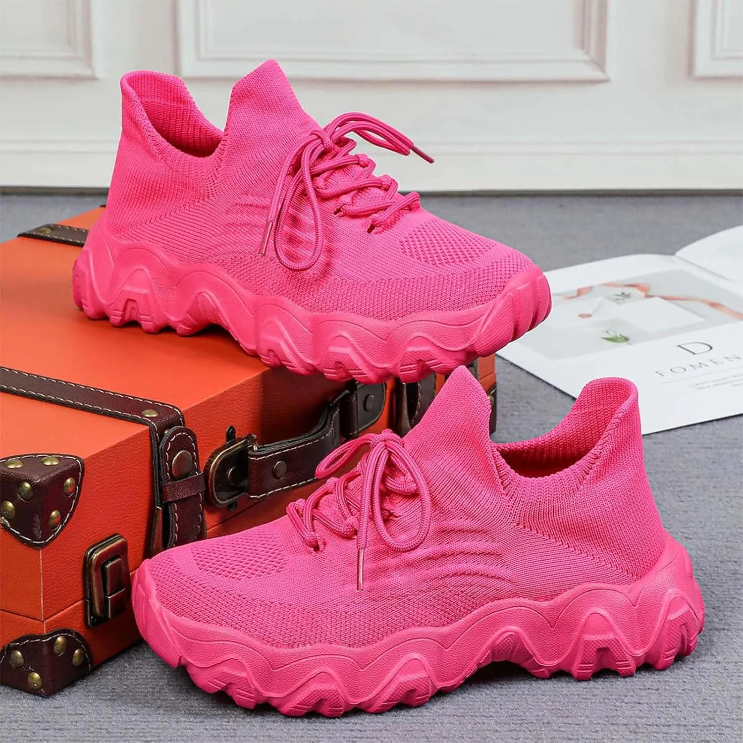 Orthopedic Sneakers for Women with Arch Support Slip On Shoes for Women Breathable Mesh Knit Tennis Shoes Lace Up Sock Comfortable Walking Shoes Women Outdoor Lightweight Hiking Shoes ﻿