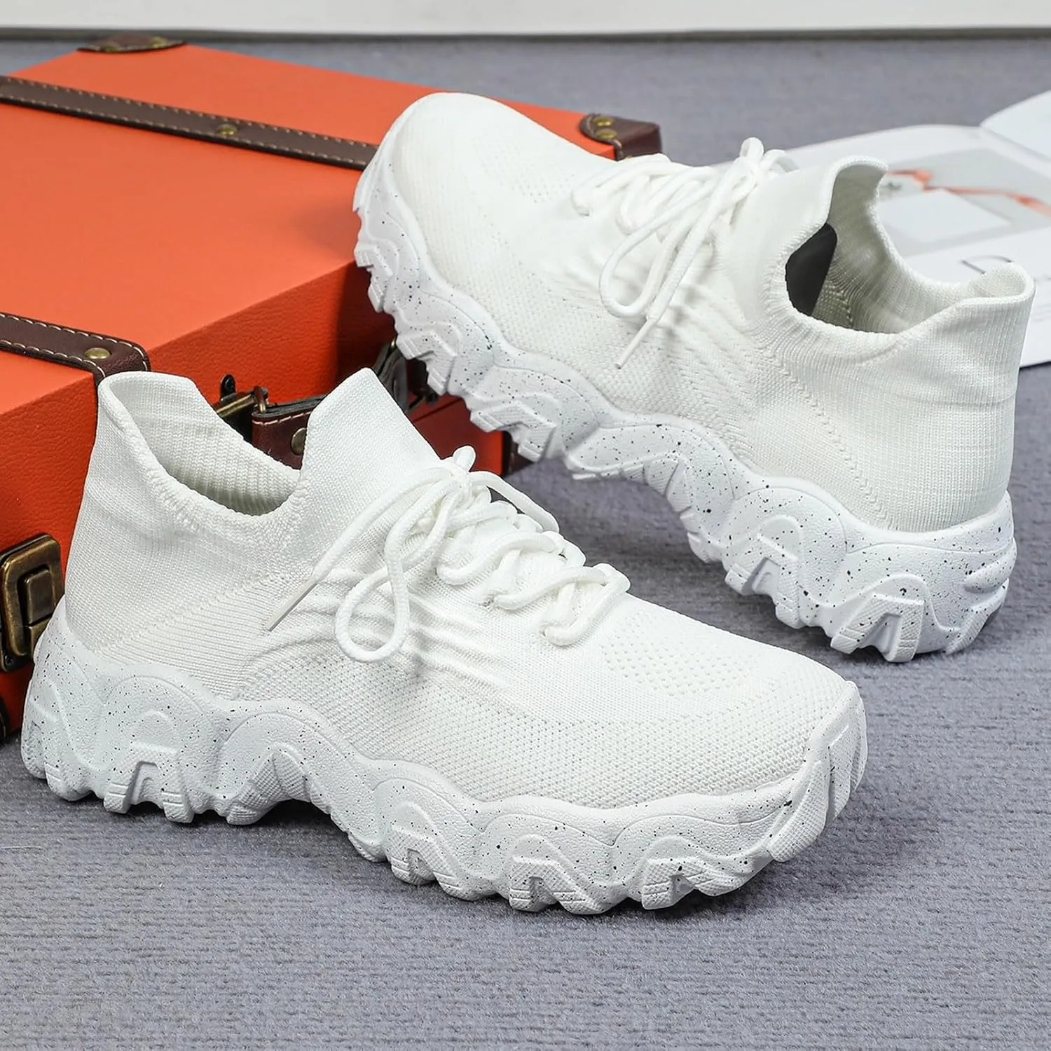 Orthopedic Sneakers for Women with Arch Support Slip On Shoes for Women Breathable Mesh Knit Tennis Shoes Lace Up Sock Comfortable Walking Shoes Women Outdoor Lightweight Hiking Shoes ﻿