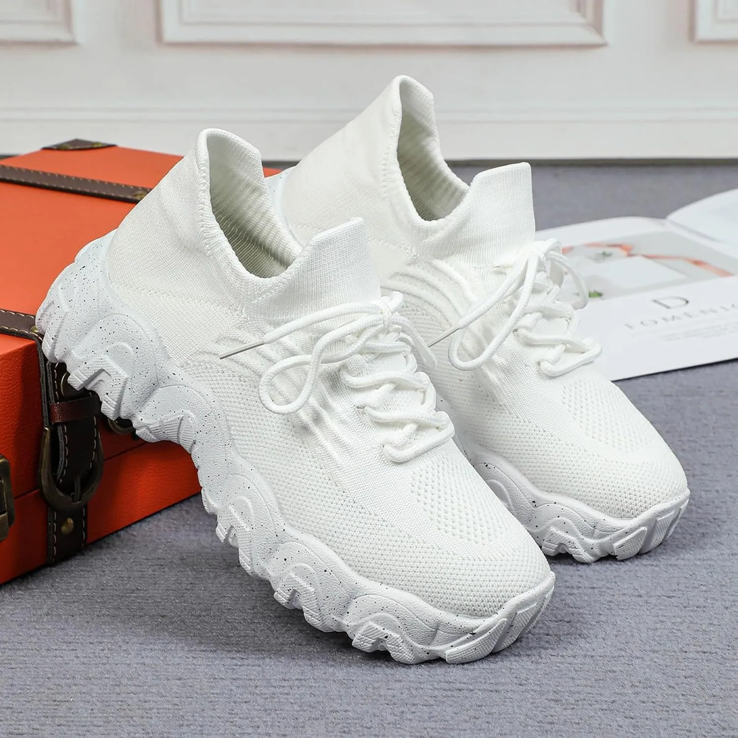 Orthopedic Sneakers for Women with Arch Support Slip On Shoes for Women Breathable Mesh Knit Tennis Shoes Lace Up Sock Comfortable Walking Shoes Women Outdoor Lightweight Hiking Shoes ﻿