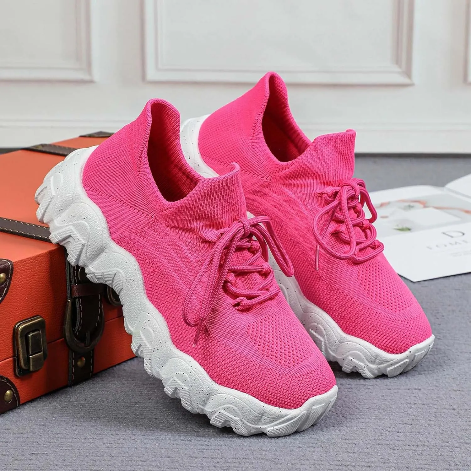 Orthopedic Sneakers for Women with Arch Support Slip On Shoes for Women Breathable Mesh Knit Tennis Shoes Lace Up Sock Comfortable Walking Shoes Women Outdoor Lightweight Hiking Shoes ﻿