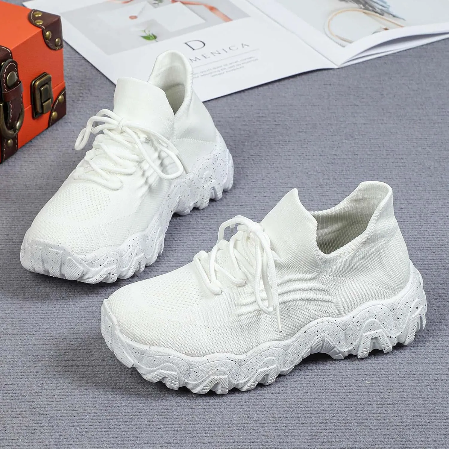 Orthopedic Sneakers for Women with Arch Support Slip On Shoes for Women Breathable Mesh Knit Tennis Shoes Lace Up Sock Comfortable Walking Shoes Women Outdoor Lightweight Hiking Shoes ﻿