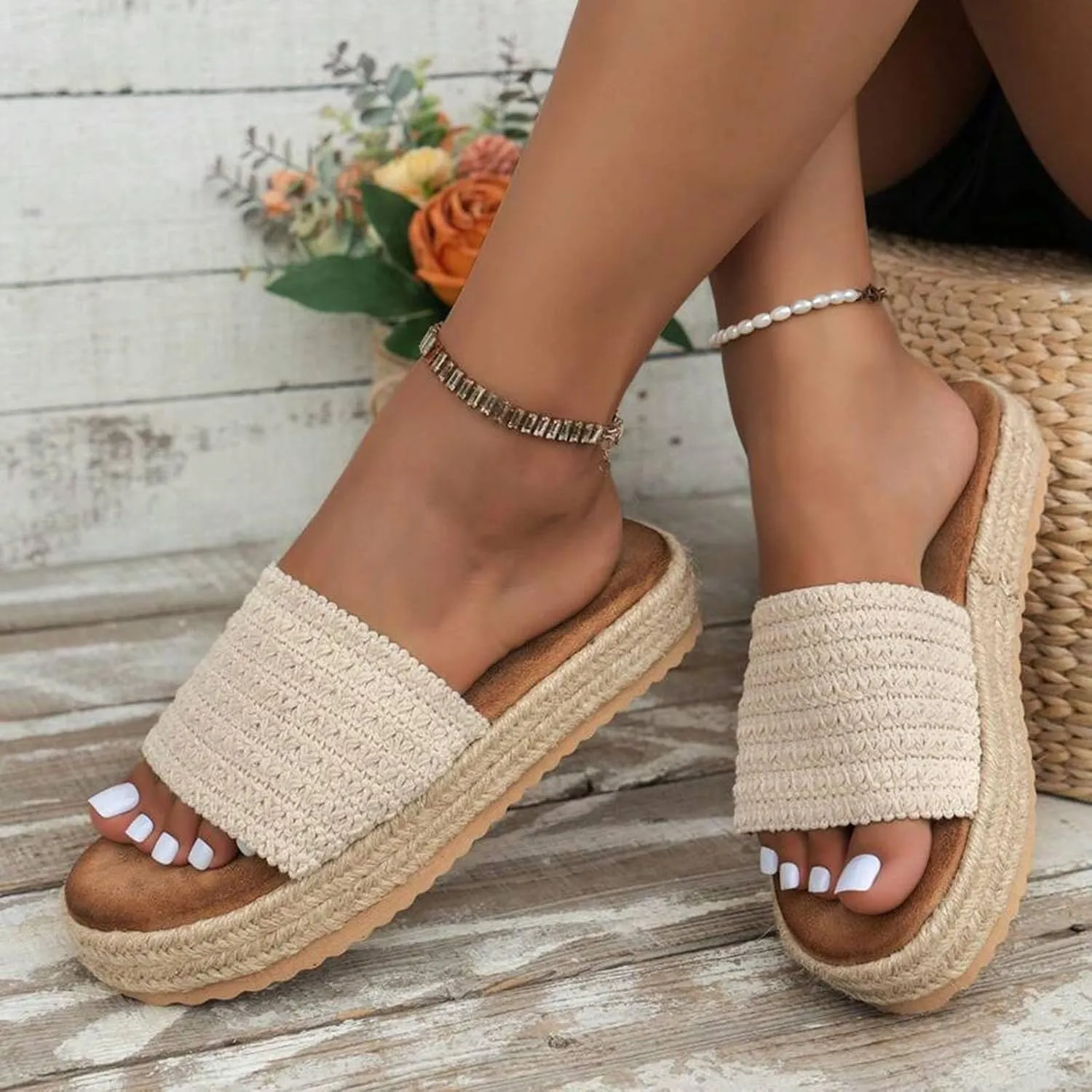 Platform Slip On Espadrille Sandals for Women Wedges Slip On Bohemia Sandals Summer Beach Raffia Vacation Slippers Comfortable Shoes for Beach, Walking, Camping, Vacation