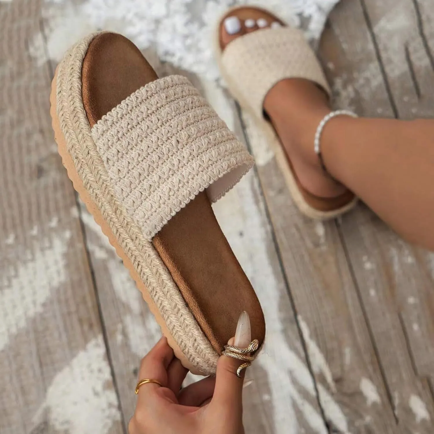 Platform Slip On Espadrille Sandals for Women Wedges Slip On Bohemia Sandals Summer Beach Raffia Vacation Slippers Comfortable Shoes for Beach, Walking, Camping, Vacation