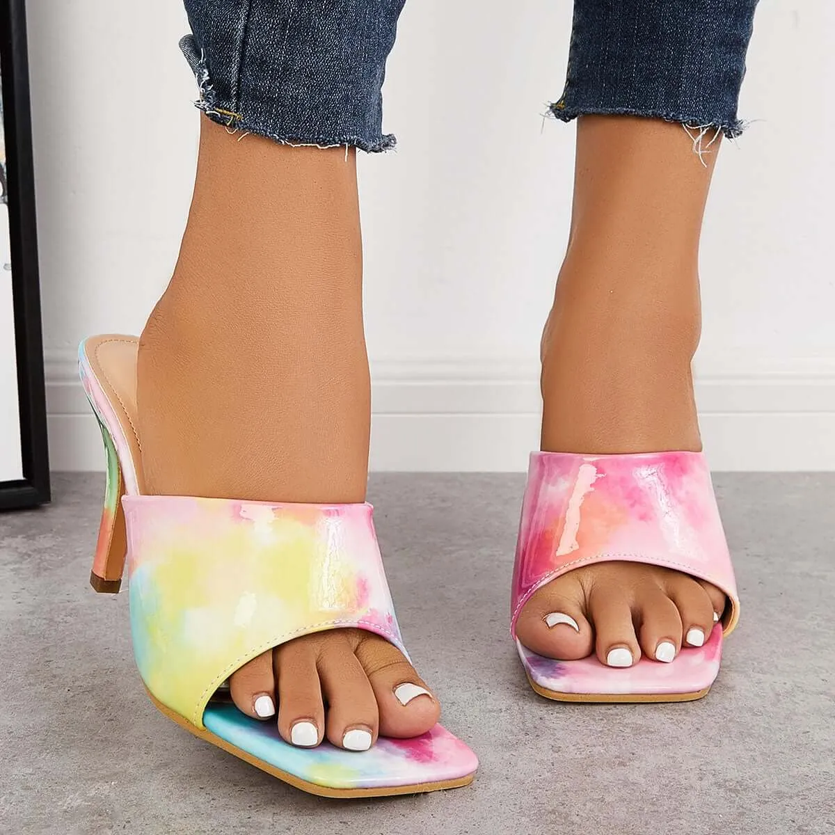Sohiwoo  Women's Multicolor Square Toe Mule Sandals Slip on Kitten Heel Slippers Imilybela