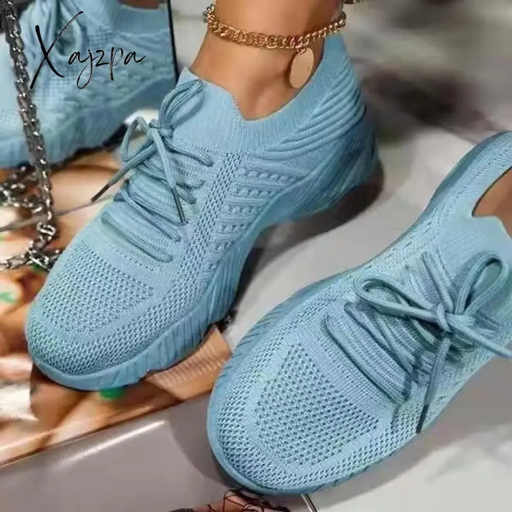 Xajzpa - Women Casual Shoes Fashion Breathable Lace Up Sneakers Summer Mesh Sports Shoes Flat Running Shoes Women Vulcanize Shoes