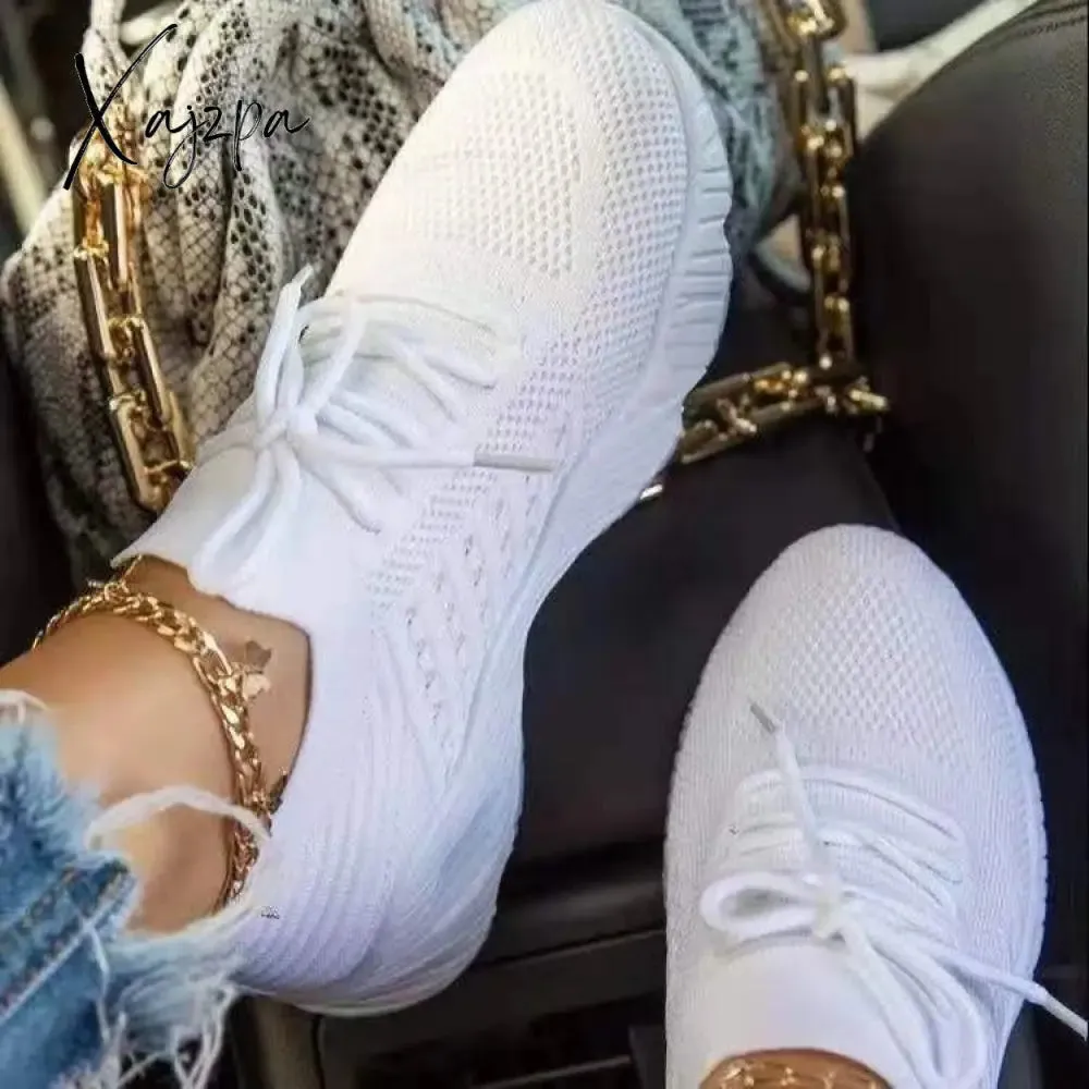 Xajzpa - Women Casual Shoes Fashion Breathable Lace Up Sneakers Summer Mesh Sports Shoes Flat Running Shoes Women Vulcanize Shoes