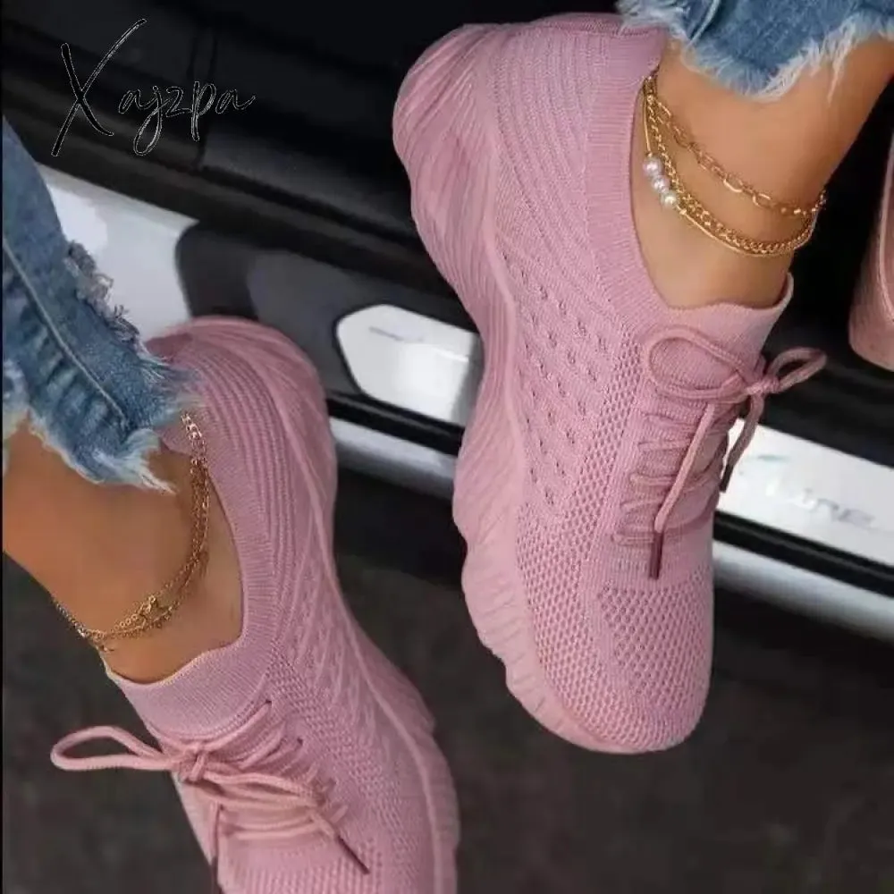 Xajzpa - Women Casual Shoes Fashion Breathable Lace Up Sneakers Summer Mesh Sports Shoes Flat Running Shoes Women Vulcanize Shoes